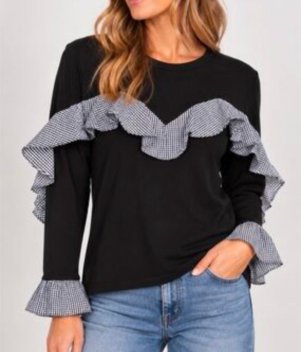 DREW Anthropologie Sweatshirt Gingham Ruffle Black & White Pullover - Size M